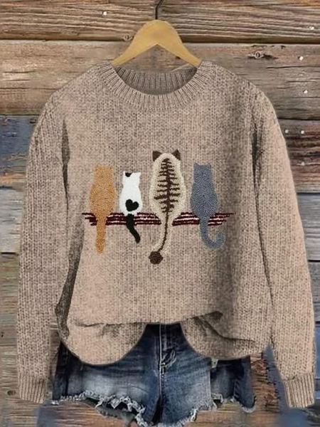 Women's Winter Cat Casual Long Sleeve Crew Neck Knitted Sweater, As picture, Sweaters