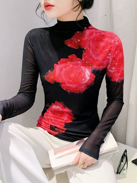 

Mock Neck Regular Sleeve Floral Printing Elegant T-Shirt, Black-red, Tees