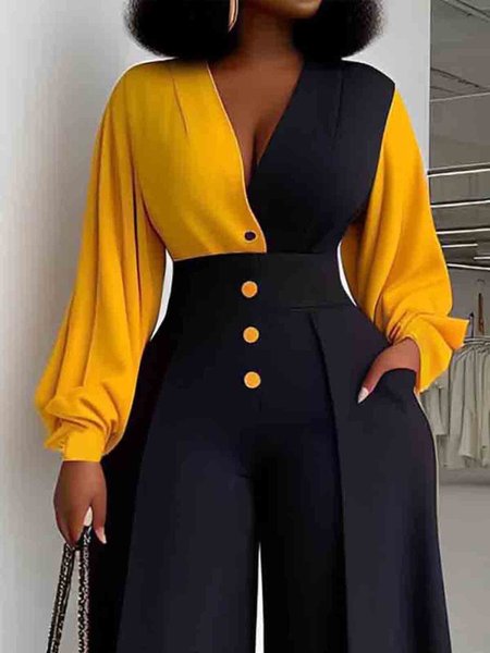 

Color Block Urban V Neck Regular Fit Blouse, As picture, Blouses and Shirts