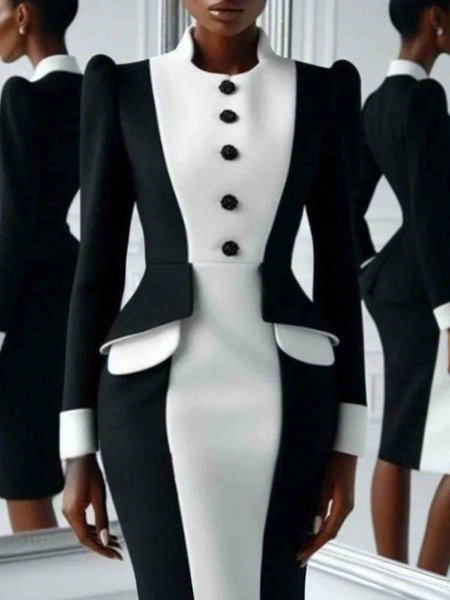 

Color Block Regular Fit Stand Collar Urban Dress, Black-white, Midi Dresses