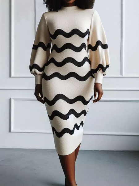 

Medium Elasticity Stand Collar Balloon Sleeve Urban Tight Long Sleeve Geometric Sweater Dress, As picture, Midi Dresses
