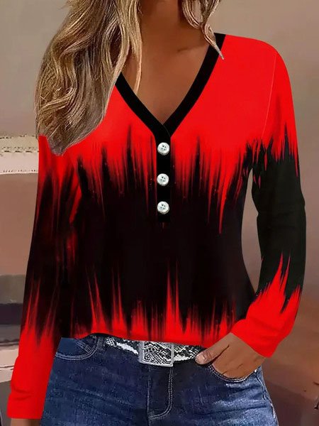Casual Ombre V Neck Long Sleeve T-shirt, Red, T-shirts