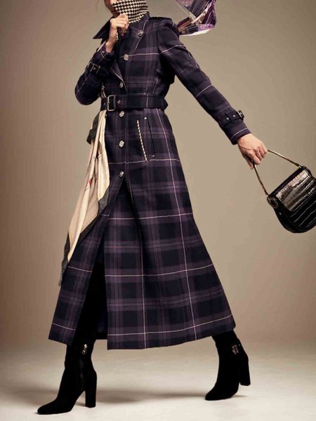 

Urban Plaid Long Sleeve Trench Coat With Belt, Purple, Trench Coats