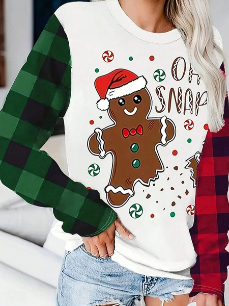 

Women's Long Sleeve Tee T-shirt Spring/Fall Christmas Snowman Printing Jersey Crew Neck Holiday Going Out Casual Top, White, T-Shirts