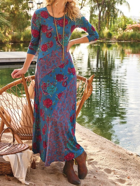 

Women Floral Crew Neck Long Sleeve Comfy Casual Maxi Dress, Multicolor, Dresses