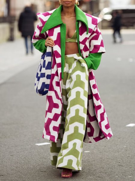 

Urban Geometric Raglan Sleeves Loose Shawl Collar Fake Two Pieces Coat, As picture, Coats