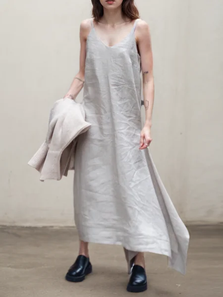 

Cotton And Linen Loose Linen Plain Dress With No, Gray, Maxi Dresses
