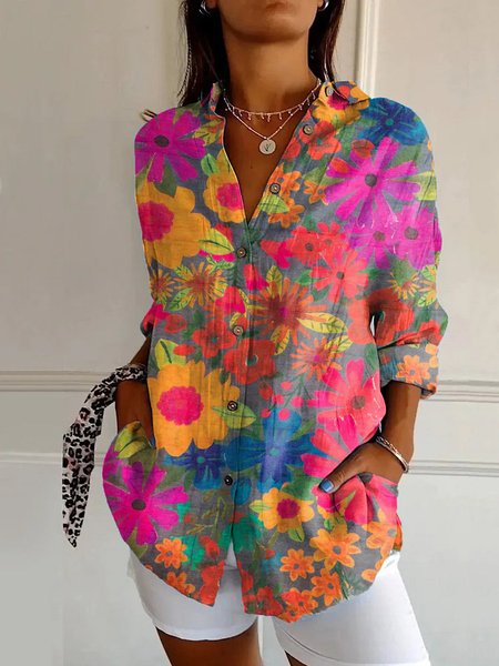 

Women's Long Sleeve Shirt Spring/Fall Floral Buckle Shirt Collar Daily Going Out Casual Top, Multicolor, Shirts