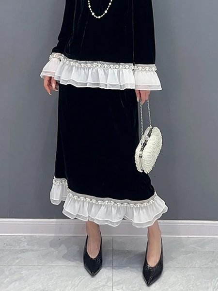 

Elegant Loosen Color Block Peplum Midi Skirt, Black-white, Skirts