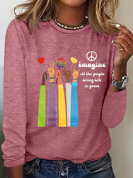 

Imagine All The People Living Life In Peace Art Print Casual Long Sleeve Shirt, Watermelon, Long sleeves