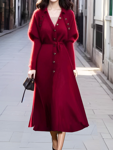 

Medium Elasticity Regular Fit Elegant Plain V Neck Long Sleeve Raglan Sleeve Sweater Dress With Belt, Wine red, Midi Dresses