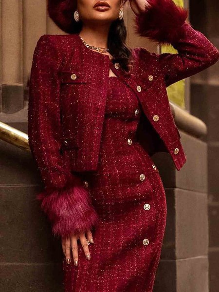 

Tweed Plain Elegant Feather Crew Neck Jacket, Red, Jackets