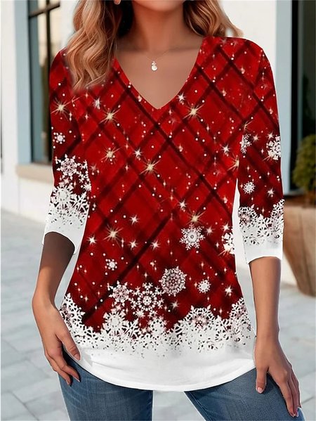 

Casual Christmas V Neck Long Sleeve T-shirt, Red, T-shirts