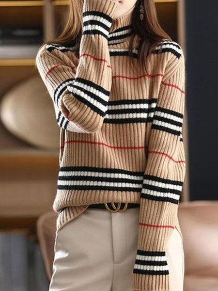 

Casual Turtleneck Regular Sleeve Striped Sweater, As picture, Pullovers