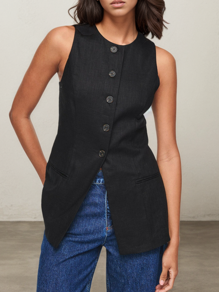 Cotton And Linen Linen Tank Top, Black, Tank Tops & Camis