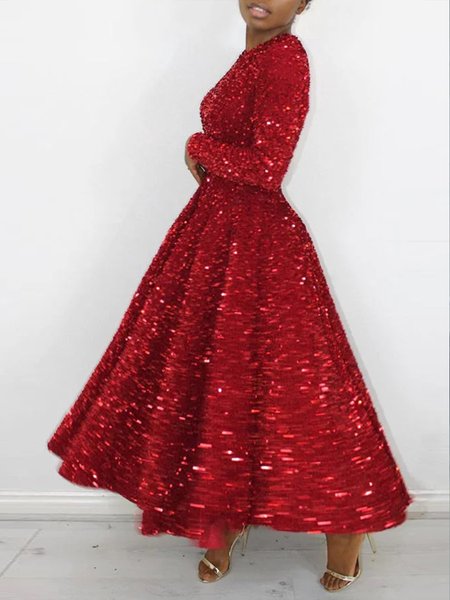 

Elegant Glitter Big Hemline Party Dress, Red, Midi Dresses