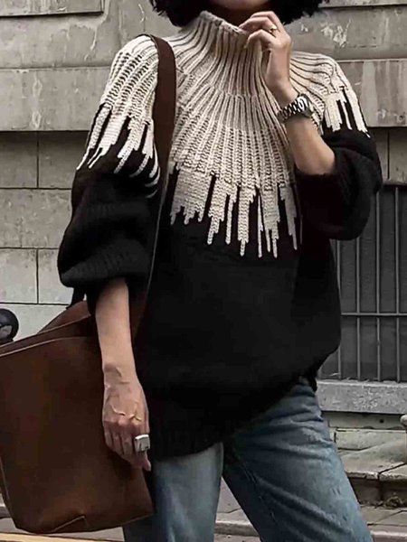 

Color Block Turtleneck Long Sleeves Casual Sweater, Black, Pullovers
