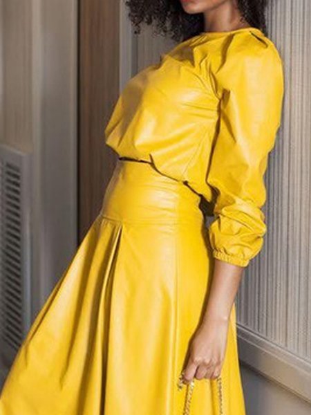 

Plain Crew Neck Urban Regular Sleeve Faux Leather Top, Yellow, Tops