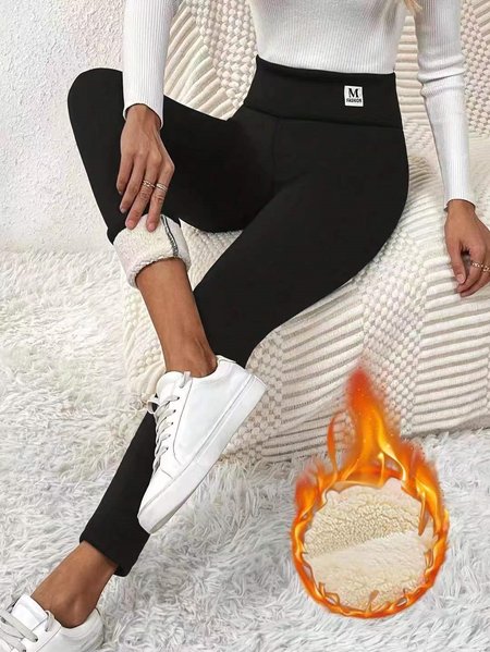 

Casual Plain Soft Clouds Fleece Long Leggings, Black, Leggings