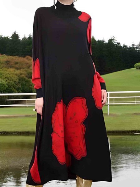 

Loose Floral Long Sleeve Stand Collar Sweater Dress, Black, Midi Dresses