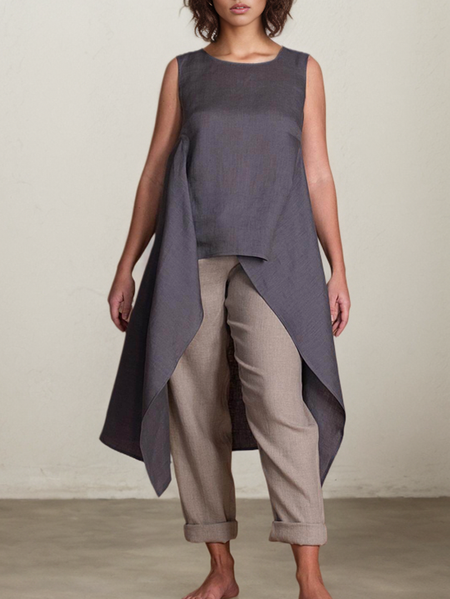 

Crew Neck Linen Plain Loose Tank Top, Gray, Tank Tops & Camis