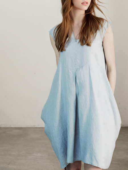 

Linen Cotton And Linen Loose Dress With No, Blue, Mini Dresses