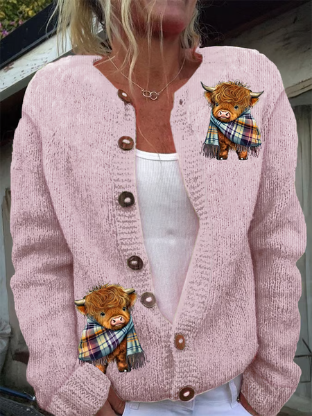 

Women's Casual Highland Cow Print Knit Cardigan, Pink, Cardigans