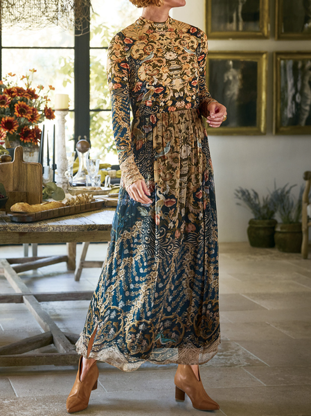 

Women Floral Crew Neck Long Sleeve Comfy Casual Maxi Dress, Multicolor, Dresses