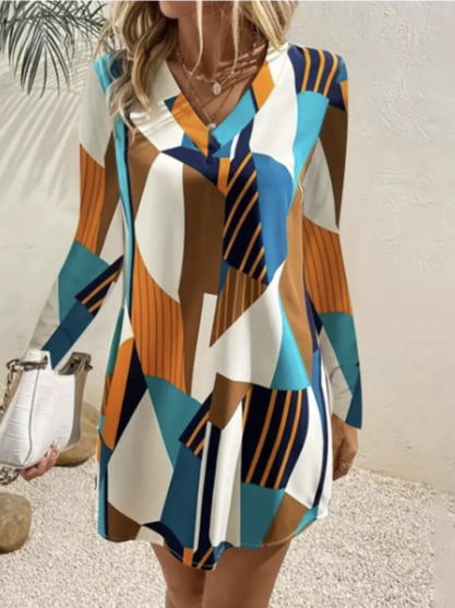 

Women's Long Sleeve Spring/Fall Colorblock Dress V Neck Daily Going Out Casual Mini A-Line, Multicolor, Dresses