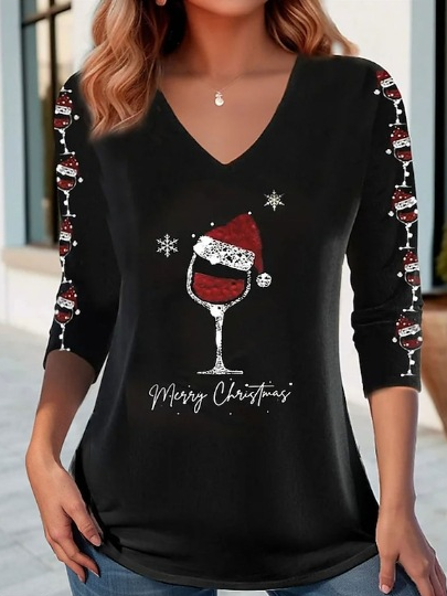 

Casual Christmas V Neck Long Sleeve T-shirt, Black, T-shirts