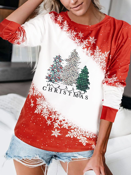 Casual Christmas Crew Neck Long Sleeve T-shirt, Red, T-shirts