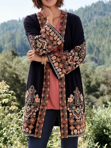 

Women's Spring/Fall Outerwear Casual Ethnic Long Sleeve Jacket, Black, Jackets