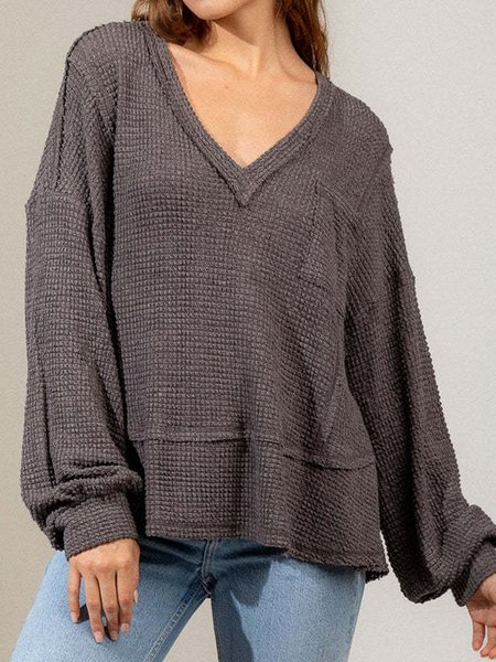 

Women's Long Sleeve Blouse Spring/Fall Plain Pocket Stitching V Neck Daily Going Out Casual Top, Deep gray, Blouses
