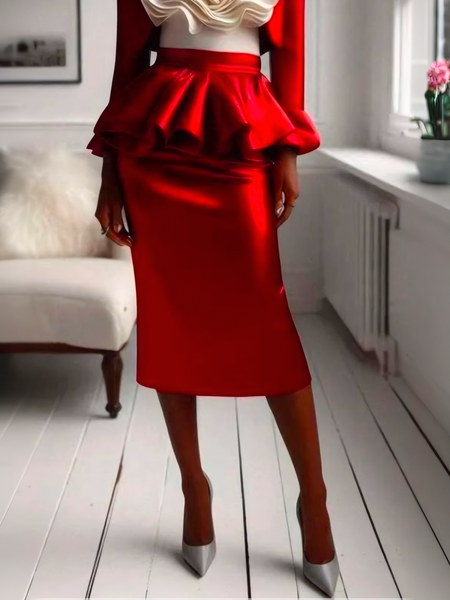 

Elegant Peplum Plain Skirt, Red, Skirts