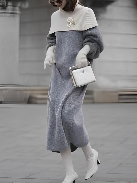 

Medium Elasticity Loose Elegant Regular Sleeve Turtleneck Long Sleeve Color Block Sweater Dress Brooch not included Comes with an adjustable shawl, Gray, Midi Dresses