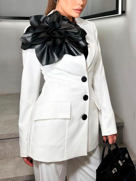 

Elegant Plain Lapel Collar Blazer With Floral Brooch, White, Blazers
