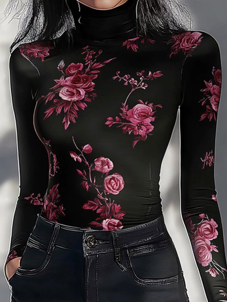 

Turtleneck Regular Sleeve Casual T-Shirt, As picture, Tees
