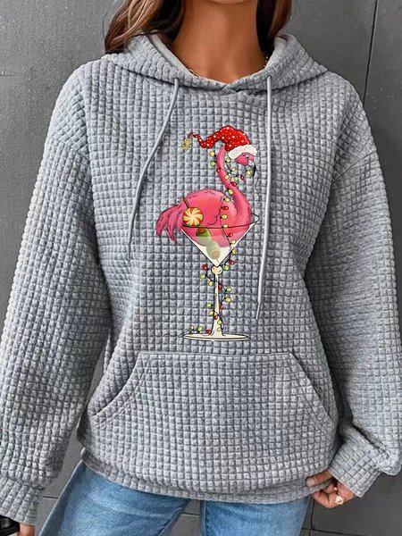

Christmas Flamingo Simple Loose Hoodie, Gray, Hoodies&Sweatshirts