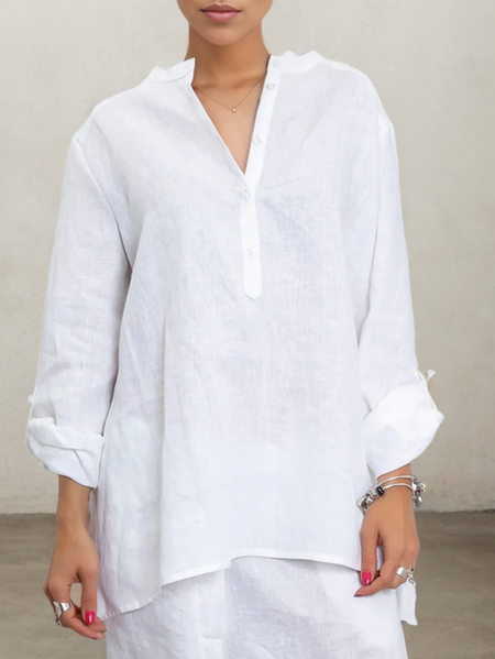 

Linen Half Open Collar Shirt, White, Long/Full Length Sleeve