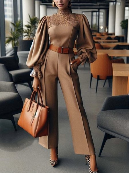 

Plain Balloon Sleeve Regular Fit Elegant Jumpsuit With No Belt, Brown, Jumpsuits