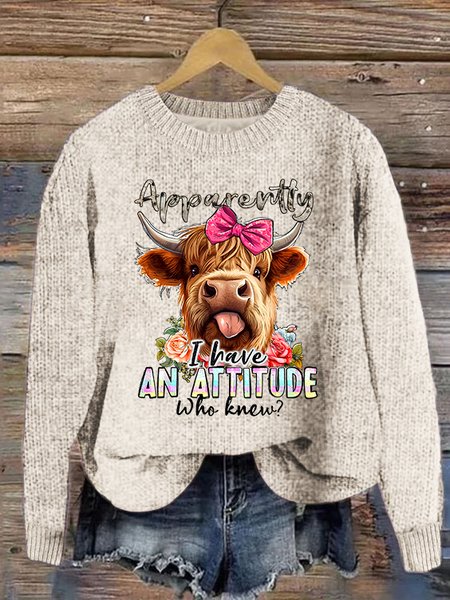 

Women's Cute Highland Cow Print Knitted Crew Neck Sweater, Apricot, Sweaters