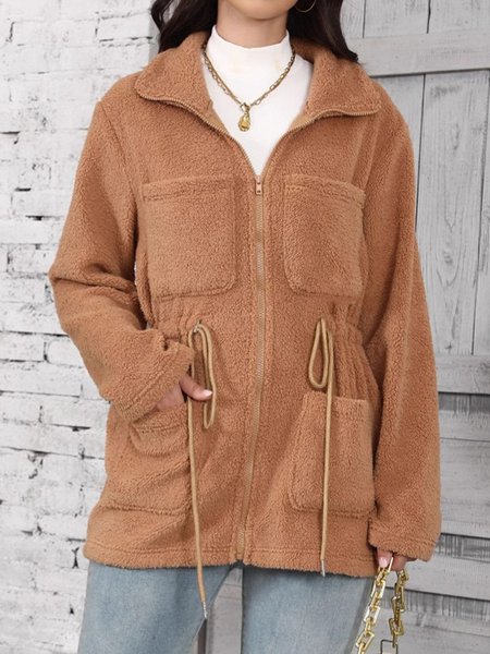 

Women's Winter Outerwear Fluff/Granular Fleece Fabric Casual Pocket Stitching Plain Long Sleeve Shawl Collar Fleece Coat, Camel, Coats