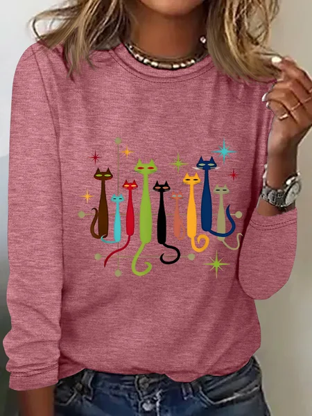 

Vintage Retro Mid-Century Modern Look Cats Casual Long Sleeve Shirt, Watermelon, Long sleeves