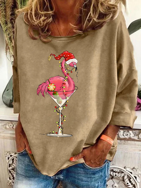 Christmas Flamingo Casual Sweatshirt, Khaki, Hoodies&Sweatshirts