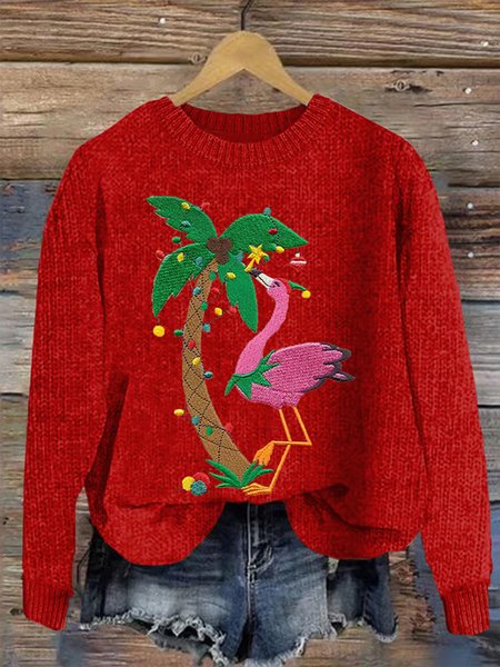 Christmas flamingo round neck sweater, Red, Sweaters