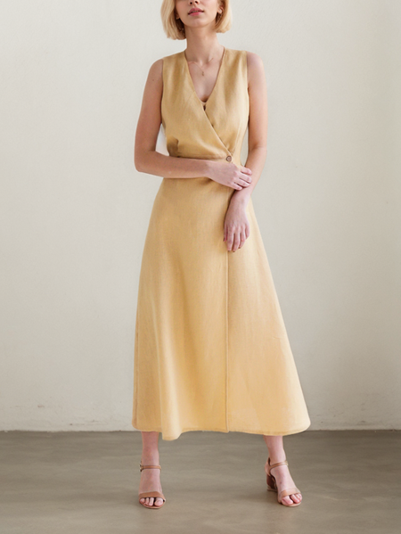 

Cotton And Linen Regular Fit Linen Dress With No, Yellow, Maxi Dresses
