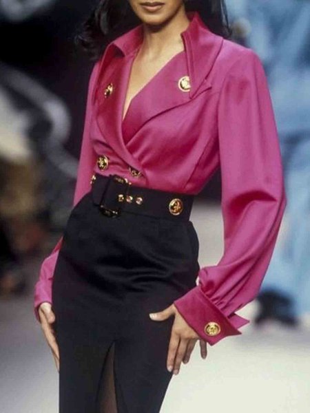 

Shirt Collar Buttoned Plain Urban Regular Fit Shirt, Rose red, Blouses and Shirts