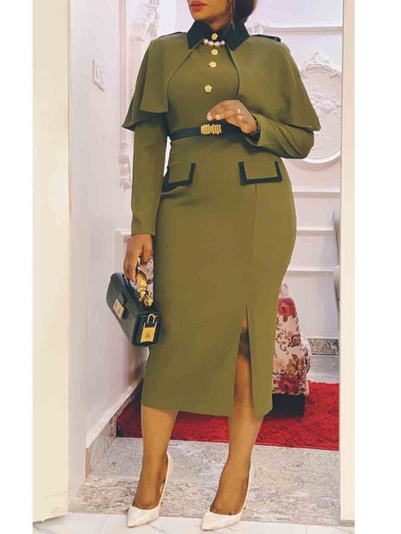

Elegant Regular Fit Wrap Color Block Long Sleeve Dress With No Belt, Green, Midi Dresses