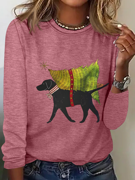 

Unisex Funny Dog Christmas Tree Print Merry Christmas Casual Long Sleeve Shirt, Watermelon, Long sleeves