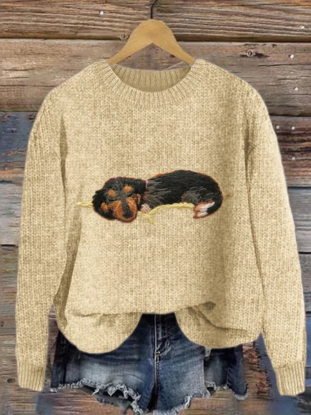 Cute puppy art round neck sweater, Khaki, Sweaters